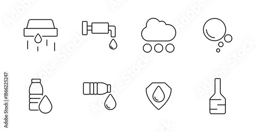 Water supply and filtration set icon. Showerhead, faucet, rain cloud, bubbles, bottle, drop, shield with drop, flask outlined in clean style for purification and water utility content.