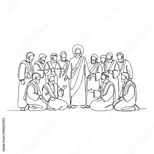 Line art illustration shows Jesus with his disciples of Christ, several figures kneeling. Biblical scene portrays twelve apostles around spiritual leader, teaching New Testament.