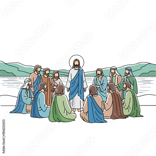 Illustration showing Jesus disciples gathered around him by lake with hills. Christ teaches his followers, a scene from the bible with twelve faithful apostles listening intently.