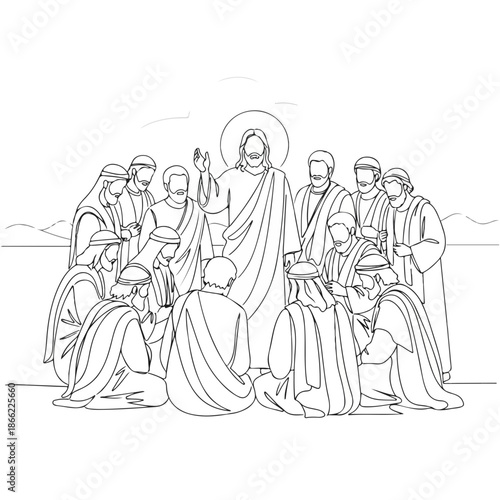 Line art illustration of New Testament scene, Jesus teaching apostles. Disciples of Christ receiving guidance, embodying New Testament themes. Ideal for Christian education, worship, or faith content,