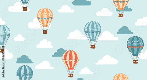 Whimsical seamless pattern displays colorful hot air balloons drifting through a soft blue sky filled with fluffy white and grey clouds.