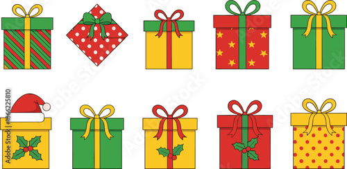 Complete Christmas gift box icon set featuring various wrapped presents with colorful ribbons bows polka dots stars and festive holly leaf decorations
