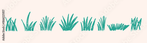 Set of hand drawn green grass tufts and sketchy lawn borders. Vector design nature elements.