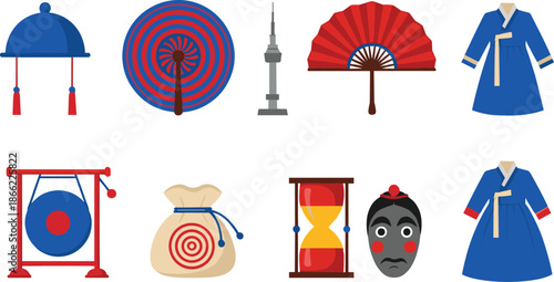Complete South Korean culture icon set featuring traditional Hanbok clothing N Seoul Tower folding fan Gat hat and ornamental symbols in flat style
