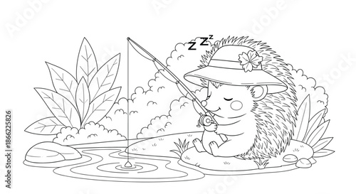 Cute hedgehog wearing a sun hat sits peacefully by a pond while fishing in this charming line art illustration designed for coloring.