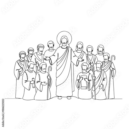 Line art illustration of Jesus and disciples standing together. This portrayal of Jesus and disciples depicts religious figures from new testament, showing apostles with their leader.