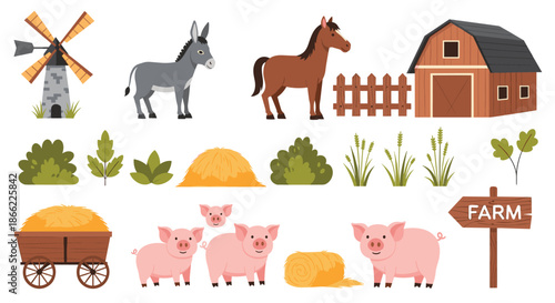 Comprehensive set of farm icons includes animals like horses and pigs along with a barn windmill and hay for rural themed projects.