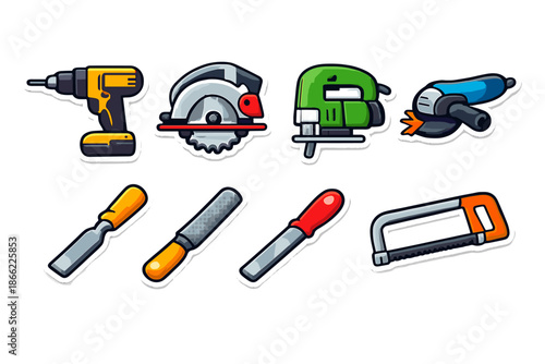 Hand and power tools cartoonish icons set