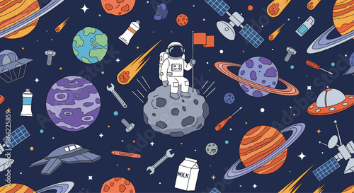 Busy seamless pattern features astronauts space explorers planets tools and everyday objects floating in a dark blue starry universe.