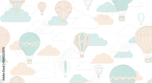 Gentle seamless pattern displays hot air balloons floating amongst soft clouds in a palette of pastel blue and cream for nursery decor.