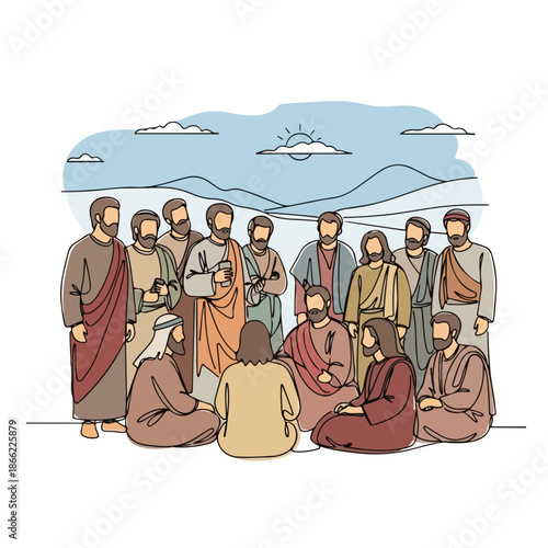 Disciples of Jesus gather, listening to spiritual leader beneath cloudy sky. Biblical scene shows apostles, devoted disciples, receiving ancient teachings. Concept for religious content,