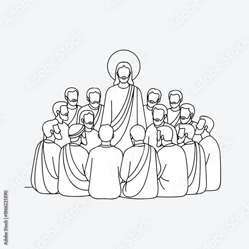 Line art of disciples of christ surrounding central figure. Jesus Christ with halo teaches apostles from new testament. Religious education, spiritual content,