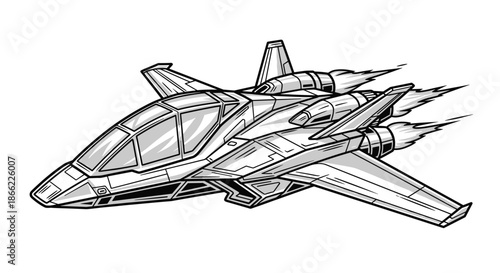 Sleek futuristic spaceship or fighter jet design with multiple engines and wings rendered in a detailed grayscale comic style.