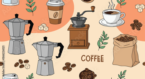 Decorative seamless pattern showcasing various coffee brewing tools, beans, cups, and leaves in warm earthy tones for a cafe theme.