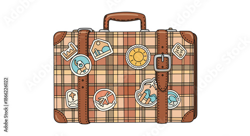Vintage style plaid suitcase with brown leather straps and colorful travel stickers representing various world adventures and journeys.