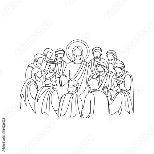 Line art illustration of Jesus disciples gathered around Christ figure with halo. This historical scene from bible depicts Jesus and his followers, symbolizing faith and spiritual teaching.
