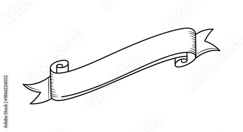 Detailed black and white sketch of a long curly ribbon banner with shaded folds suitable for vintage certificates or headers.