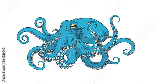 Detailed blue octopus illustration showing the intricate texture of its skin and numerous suckers on its multiple curling tentacles.