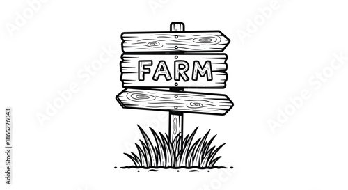Rustic hand-drawn wooden signpost with the word farm written on it standing in a patch of grass against a white background.