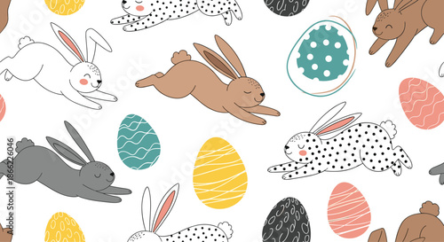 Charming seamless pattern featuring various jumping rabbits and patterned easter eggs in a playful and festive spring celebration.