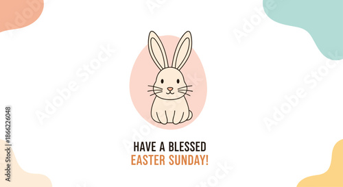 Simple and cute illustration of a tan rabbit centered on a pink egg shape with text wishing a blessed Easter Sunday.