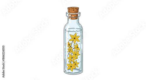 Tall slender glass apothecary bottle with a cork stopper containing several preserved yellow star-shaped flowers in clear liquid.