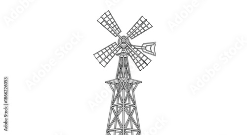 Intricate black and white line drawing of a traditional American farm windmill tower used for pumping water in rural areas.