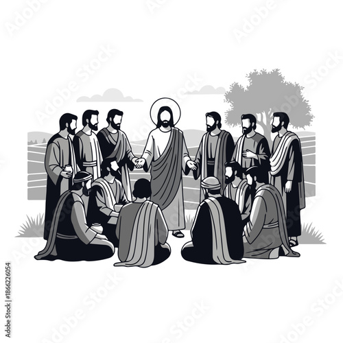 Illustration of twelve disciples of christ with Jesus in serene outdoor setting. This biblical scene shows followers listening,