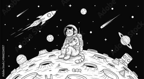 Detailed black and white illustration of a cat wearing a space suit sitting on the moon with a rocket and stars in the background.