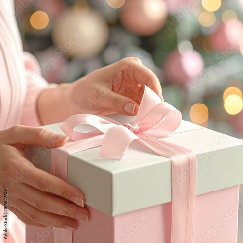 Close Up Of Hands Tying Pink Ribbon On A White And Pink Gift Box With Christmas Tree And Bokeh Lights In Background