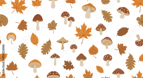 Cozy autumn-themed seamless pattern with falling brown and orange leaves and various types of forest mushrooms on a white background.