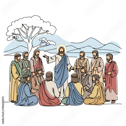 Line illustration of Jesus teaching disciples under tree, mountains in background. Disciples of Jesus listen, receiving spiritual wisdom from Christ. Resource for religious study, bible lesson,