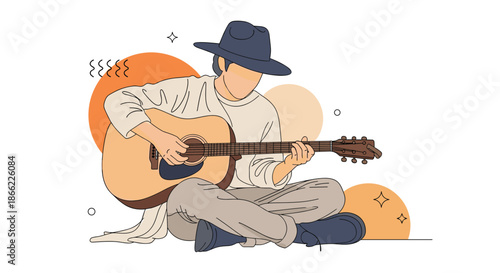 Modern flat design illustration of a man wearing a hat sitting cross-legged while playing an acoustic guitar against an abstract background.