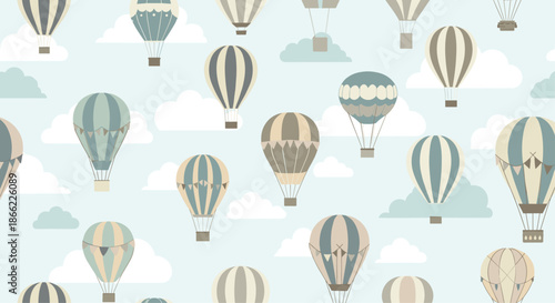 Elegant seamless pattern featuring various hot air balloons in muted gray, tan, and blue tones floating through a soft cloudy sky.