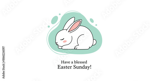 Sweet illustration of a white bunny sleeping peacefully inside a soft green liquid shape with text wishing a blessed Easter Sunday.