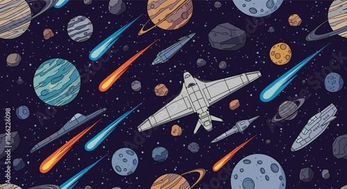 Action-packed seamless pattern showcasing various spaceships, planets, asteroids, and meteors in a dark blue deep space setting.