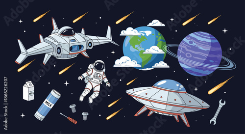 Vibrant pixel art space scene featuring an astronaut, spaceship, planets, milk cartons, and falling stars in the galaxy.
