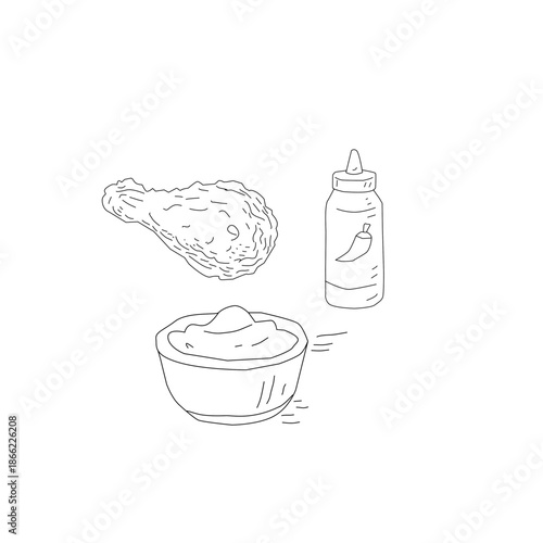 Fried Chicken with Sauce Doodle Line Art. Crispy Drumstick and Wings with Melting Sauce. Hand Drawn Food Illustration Isolated. Minimal Black and White Sketch.