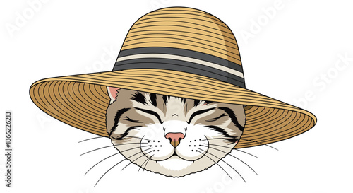 Close up portrait of a happy tabby cat wearing a wide-brimmed straw hat with its eyes closed in a peaceful expression.