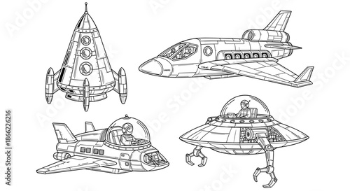Diverse collection of retro style spaceships, rockets, and flying saucers in a detailed black and white line art drawing.