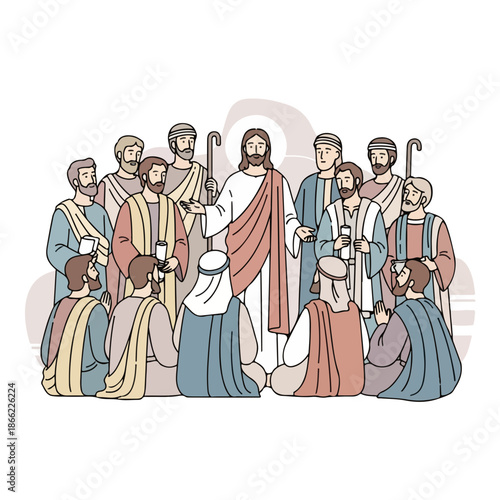 Jesus teaching disciples of Christ in line art illustration. New Testament scene, spiritual guidance provided. Group of disciples of Christ listens intently, absorbing wisdom.