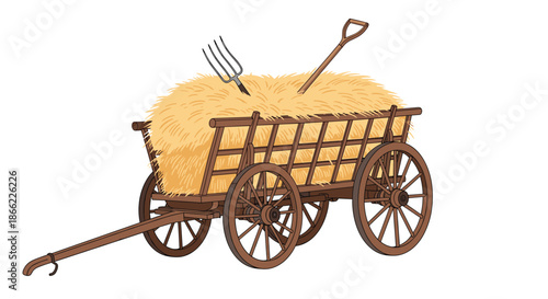 Traditional wooden farm wagon filled with a large pile of golden hay with a pitchfork and shovel stuck inside for work.