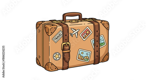 Classic brown vintage suitcase covered with various travel stickers from different locations and an airplane icon.