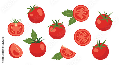 Collection of fresh red tomatoes in various states including whole, sliced into halves, and with green leaves.
