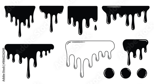 Set of various black and white paint drip shapes dripping down from an invisible edge for creative design projects.
