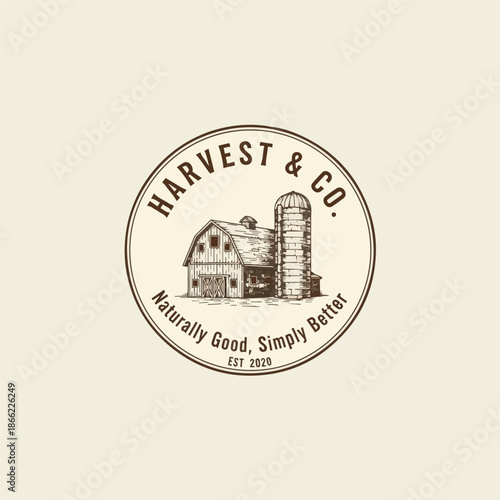 Vintage Farm Emblem Logo with Barn and Silo Illustration, Suitable for Organic Food, Agriculture, Farm Brand, and Natural Products