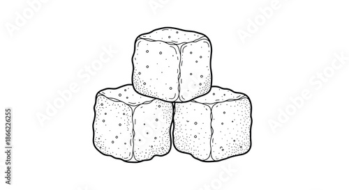 Detailed black and white line drawing of three square sugar cubes stacked together on a plain white background.