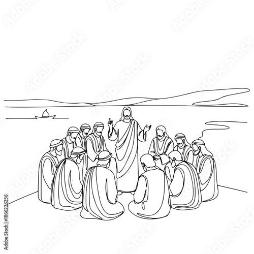 Disciples of Christ attentively listen to spiritual teachings from a central figure by a serene lakeside. This new testament scene depicts apostles receiving profound wisdom,