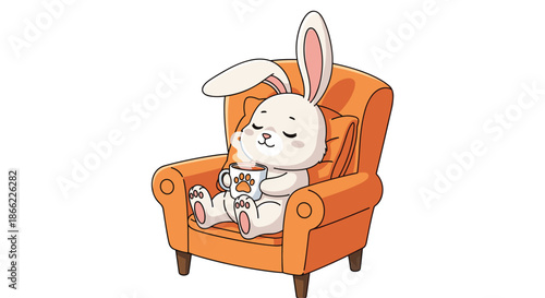 Cute bunny character sitting comfortably in an orange armchair while drinking a hot cup of coffee or tea to relax.