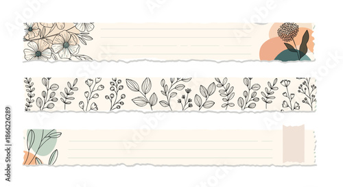 Set of three decorative paper strips with floral and botanical designs and blank spaces for journaling and notes.